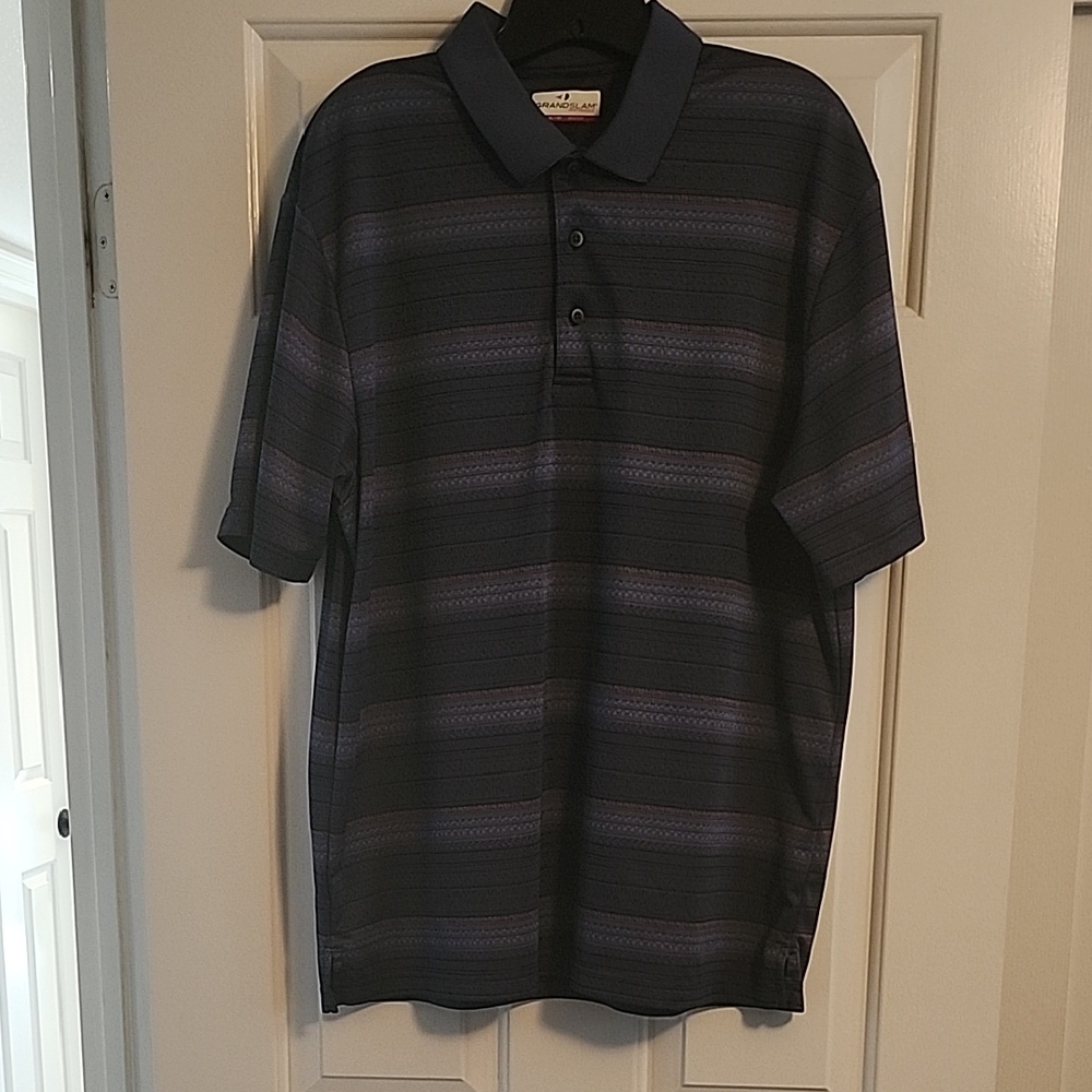 Grand Slam Men's Polo Shirt - Navy and Gray Stripes